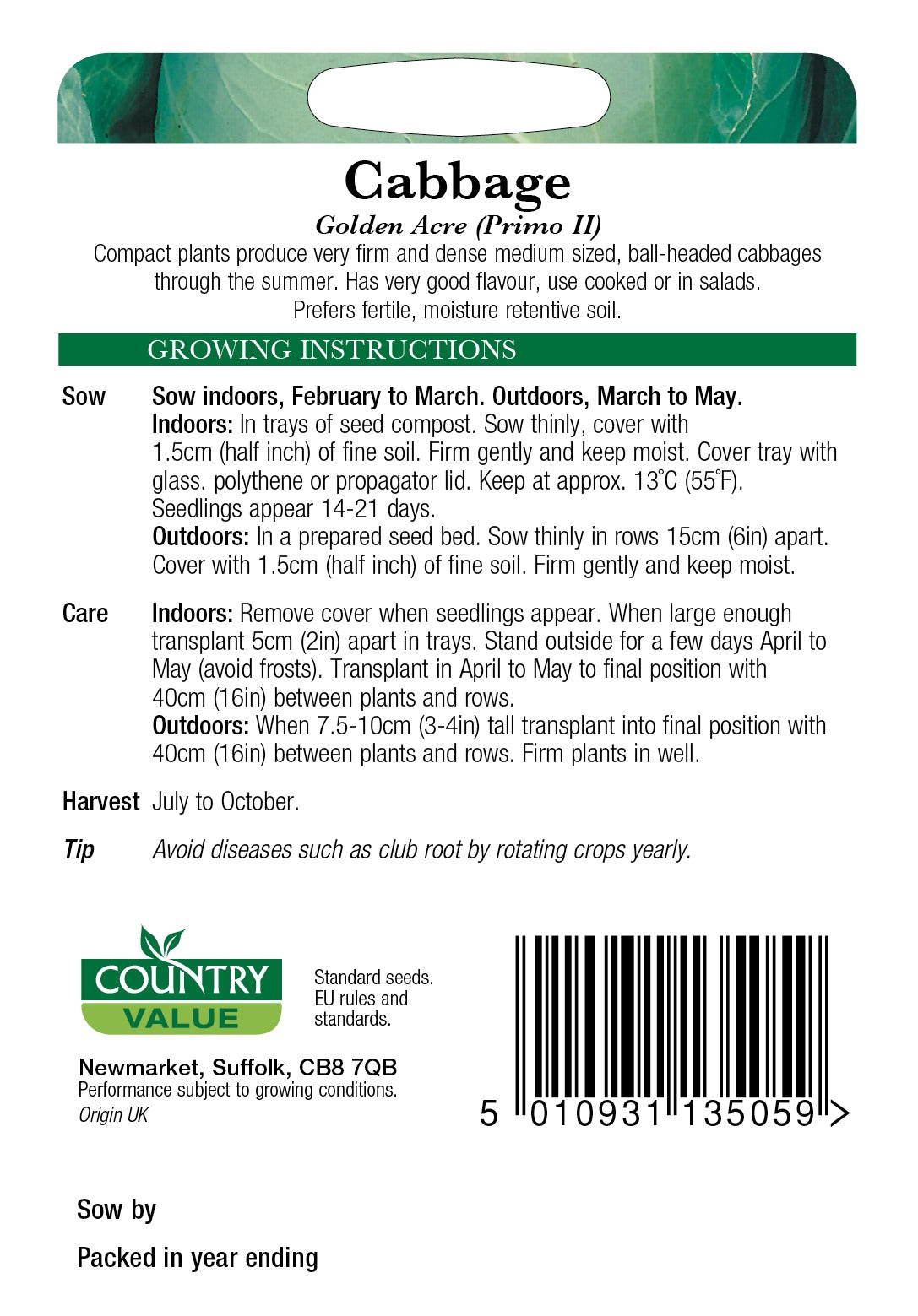 Cabbage Golden Acre Primo2 C V Seeds