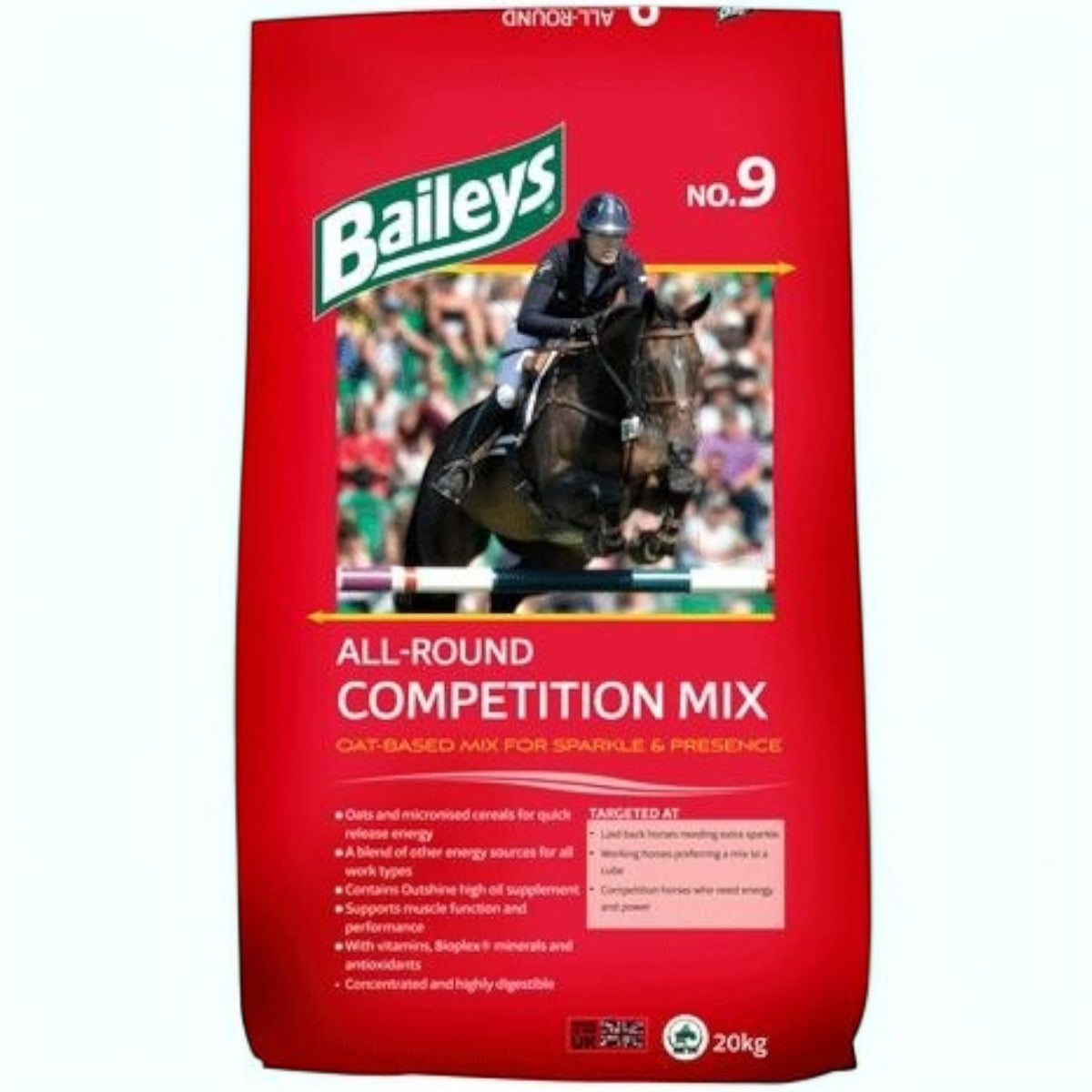 BATA LTD Baileys No. 9 All Round Competition Mix 20kg bag featuring a horse and rider jumping