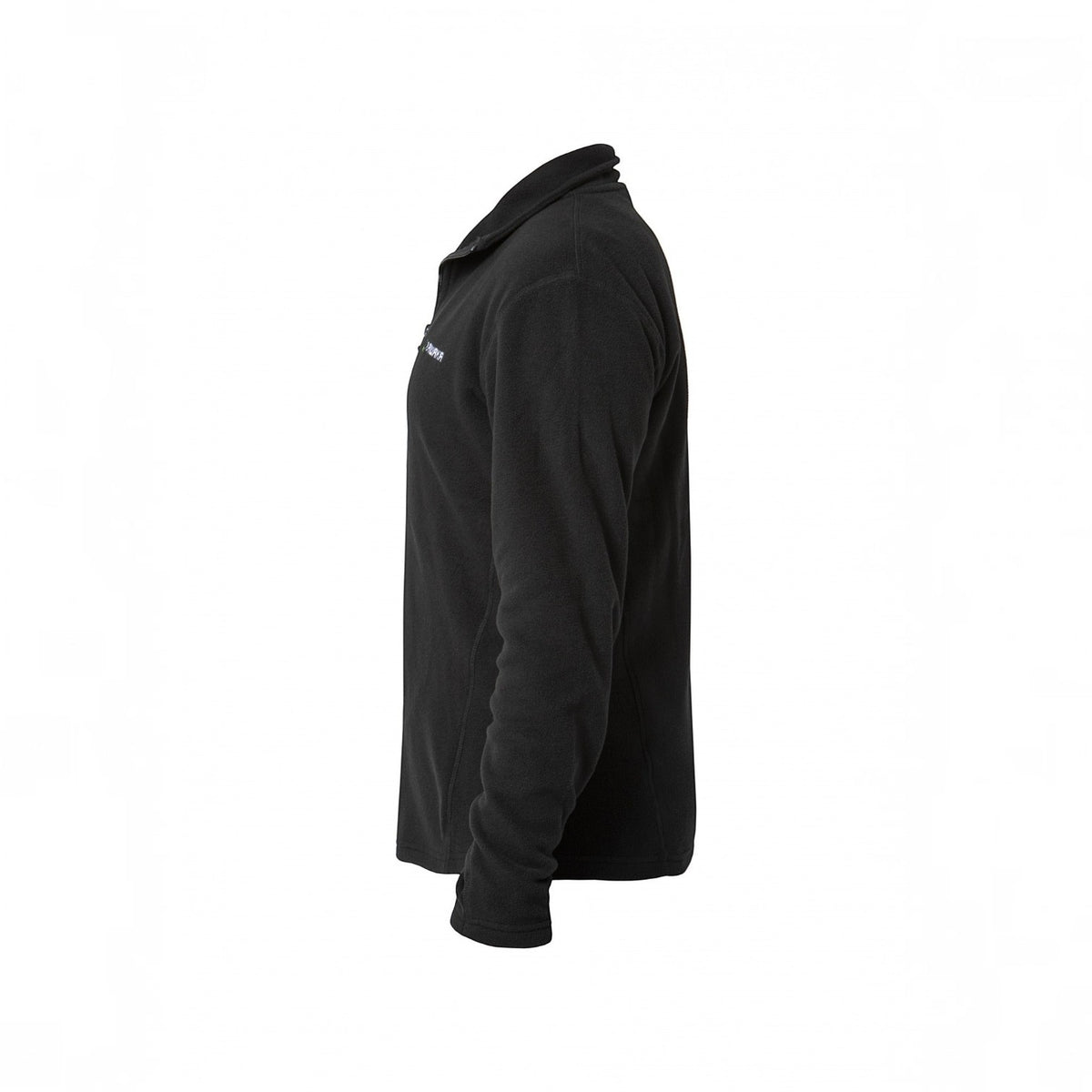BATA LTD black anti-pill fleece half-zip pullover with a relaxed fit, shown from a side profile view.