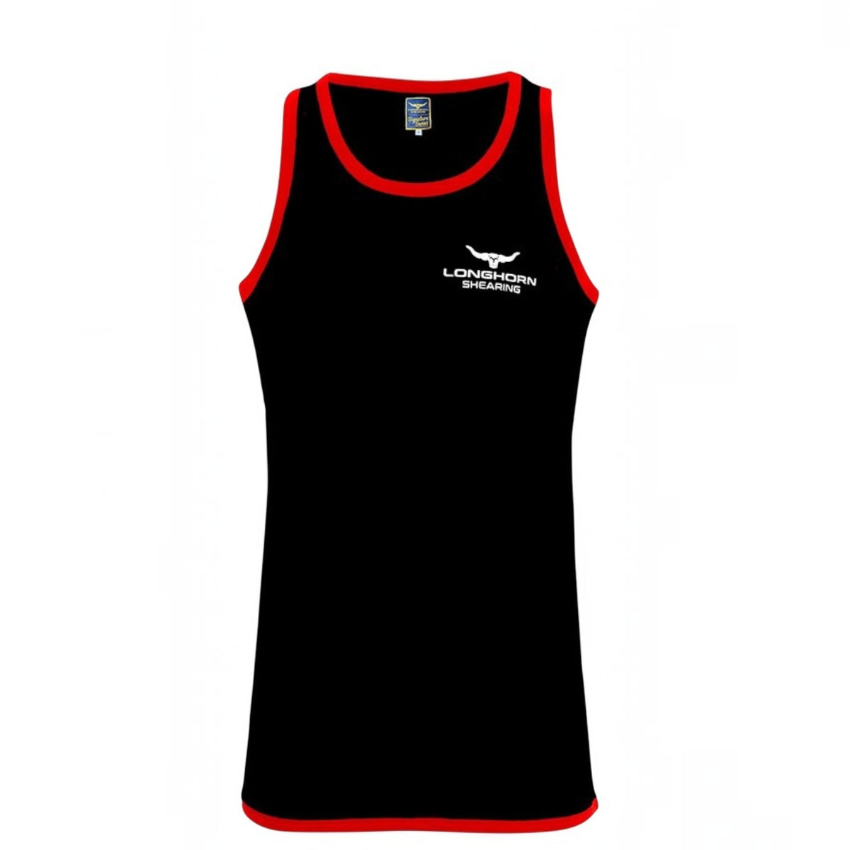 BATA LTD Longhorn black shearing singlet with red contrast piping and long tail design for comfort.