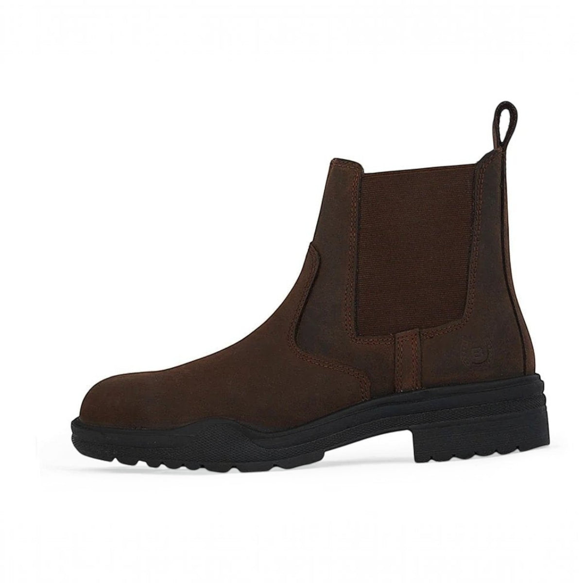 BATA LTD Bronco waterproof brown leather steel toe Chelsea work boot with a durable black rubber traction sole.