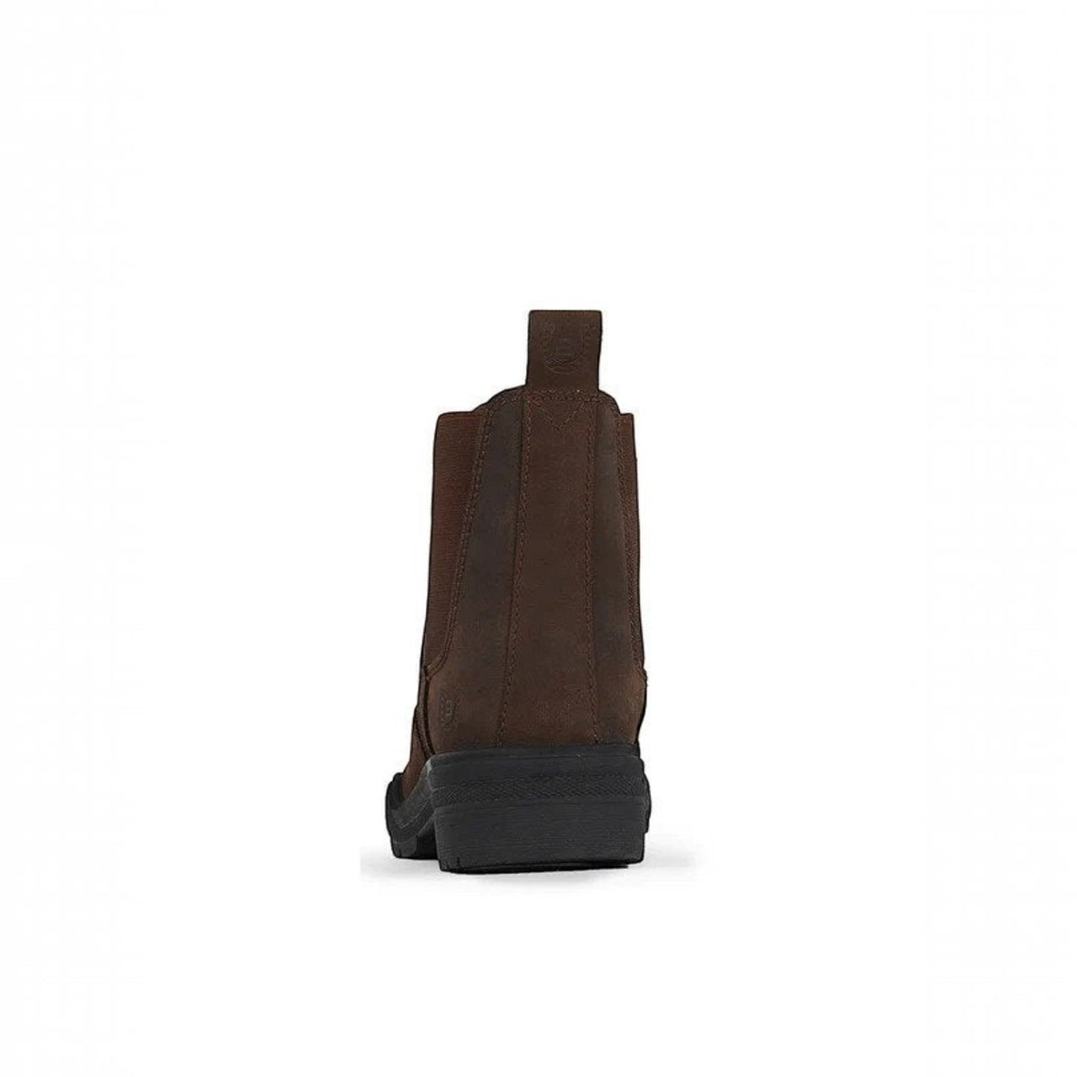Back view of BATA LTD Bronco waterproof brown leather steel toe work boot with a durable black rubber traction sole.