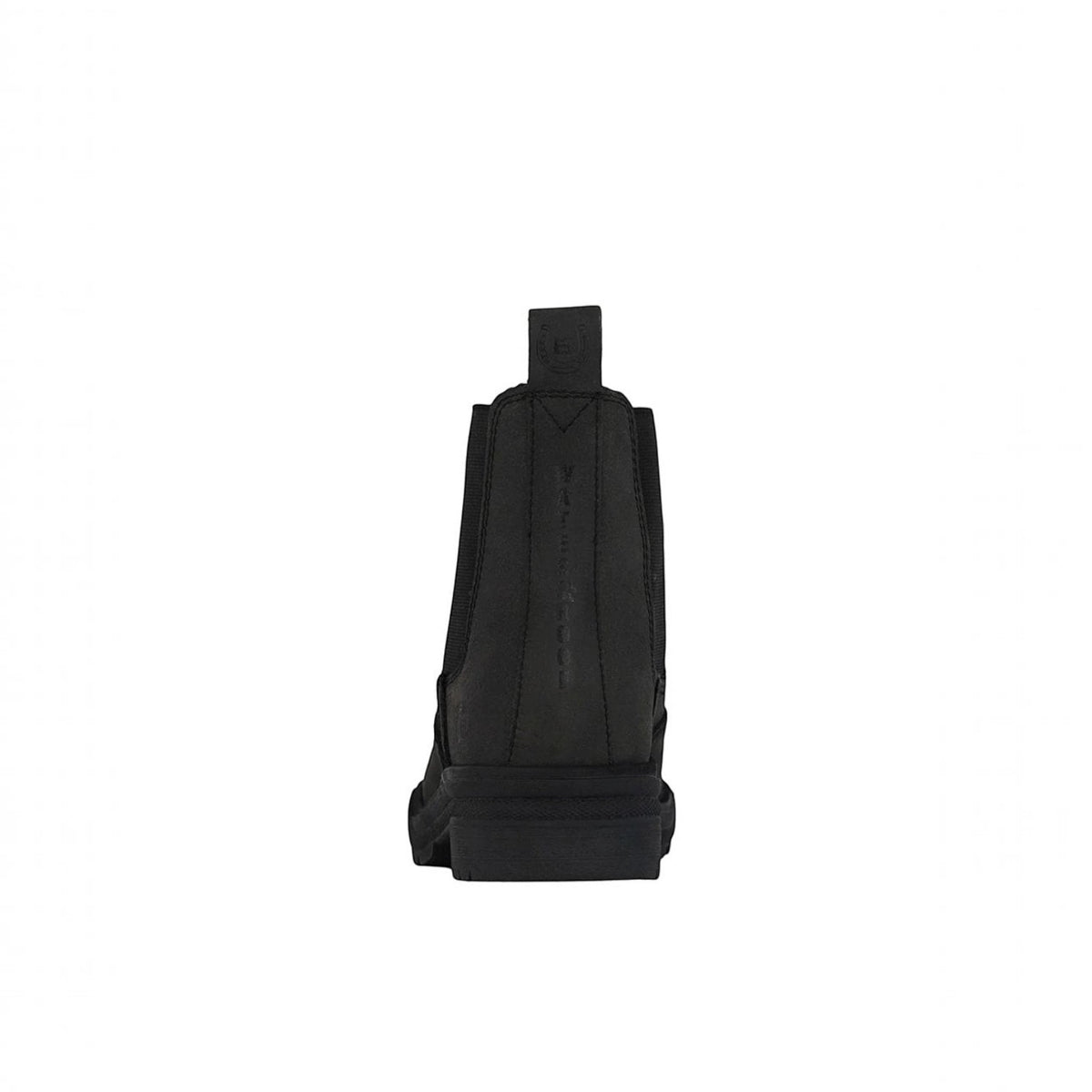 BATA LTD Bronco waterproof black leather steel toe boot, rear view showing pull tab and durable rubber sole.