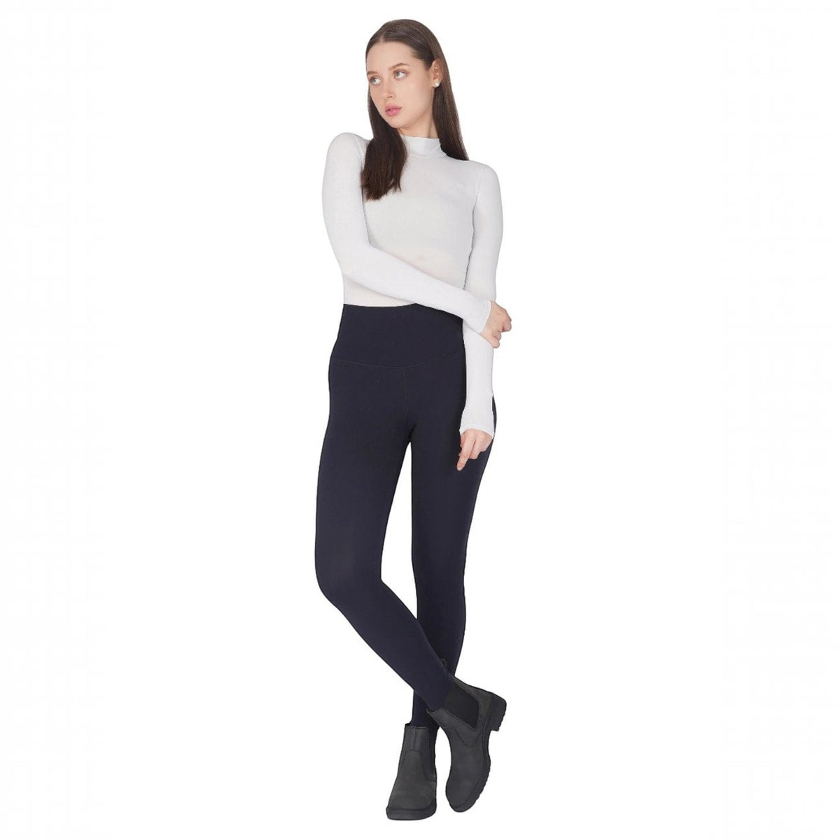 BATA LTD Bronco waterproof steel toe cap boots in black leather worn by a model with black leggings