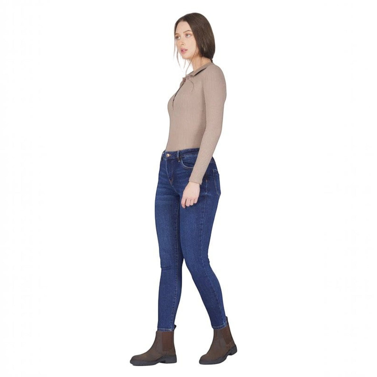 BATA LTD Bronco waterproof brown leather steel toe boots worn by a woman in a beige top and blue jeans