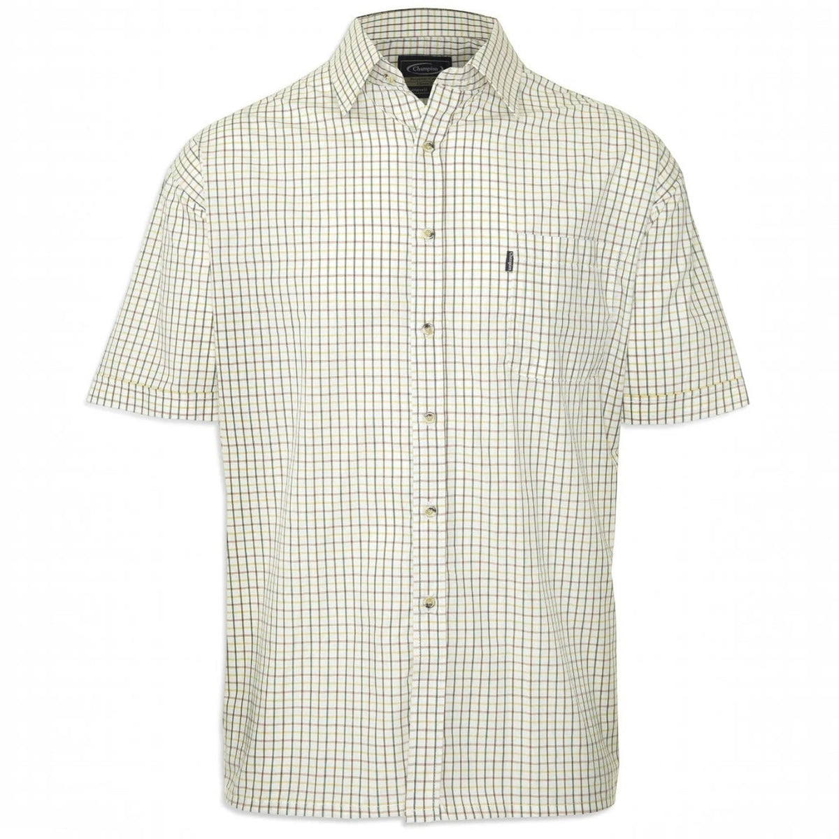 BATA LTD Champion men's short sleeve shirt in a white and green tattersall check pattern with a chest pocket.