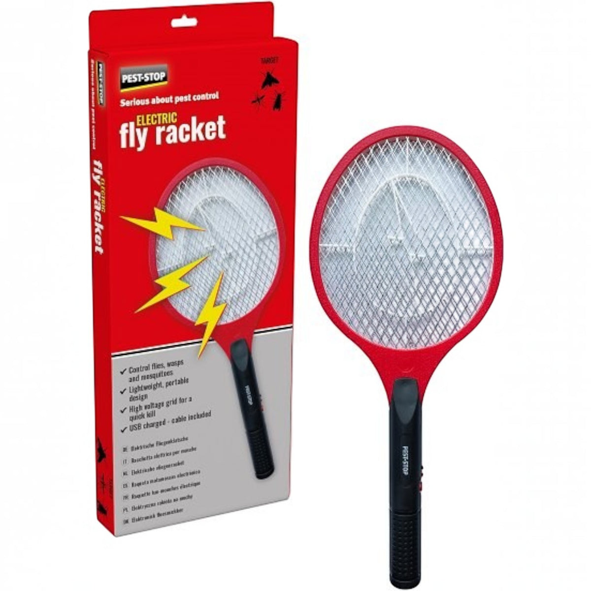 BATA LTD Pest-Stop electric fly racket with 3500V grid and USB charging, shown with its red retail packaging.