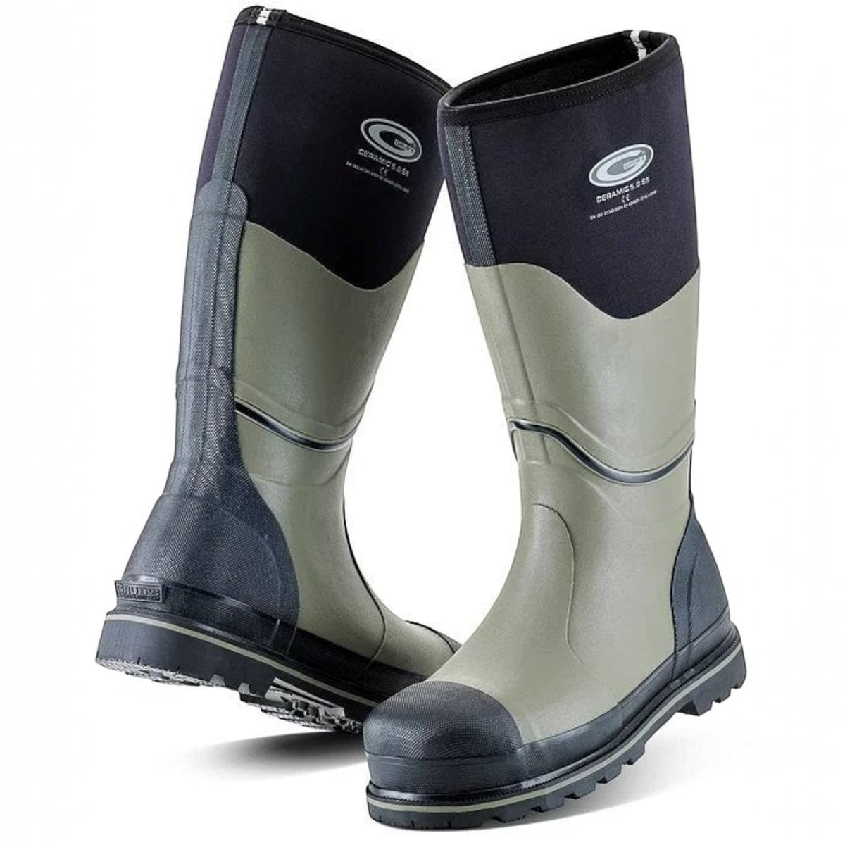 BATA LTD Grubs Ceramic 5.0 S5 safety wellington boots in olive green and black with non-metallic protective toe cap.