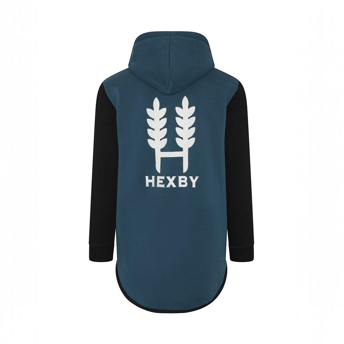 BATA LTD Hexby adult shearing hoodie in blue and black with a long back hem and white logo print on the back