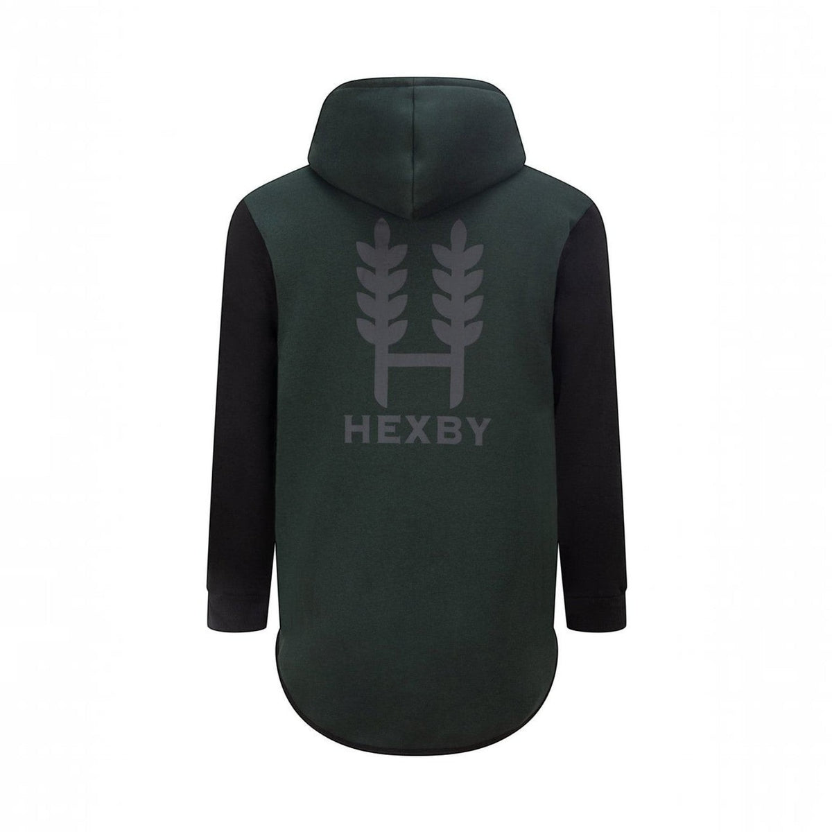 BATA LTD Hexby adult shearing hoodie in dark green and black with a long back hem and branded back logo