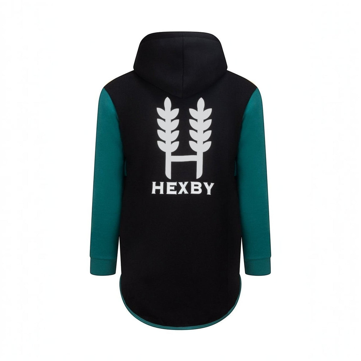 BATA LTD Hexby adult shearing hoodie in black and teal with a long back hem and white logo print on the back