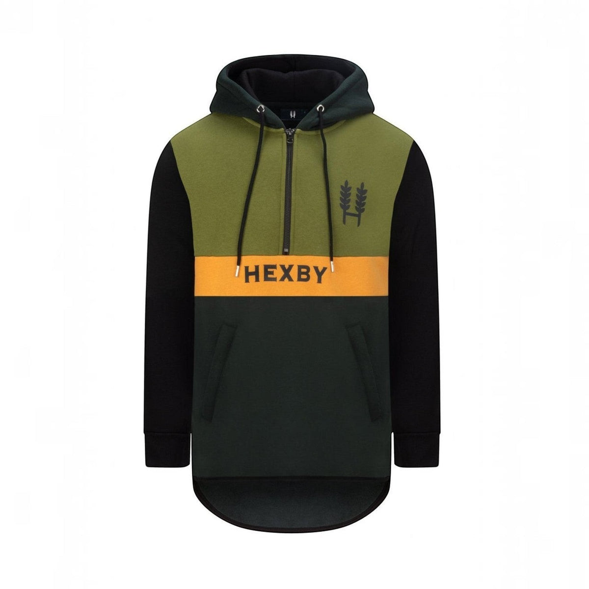 BATA LTD Hexby adult shearing hoodie in olive green and black with a yellow chest stripe and front zip pocket.