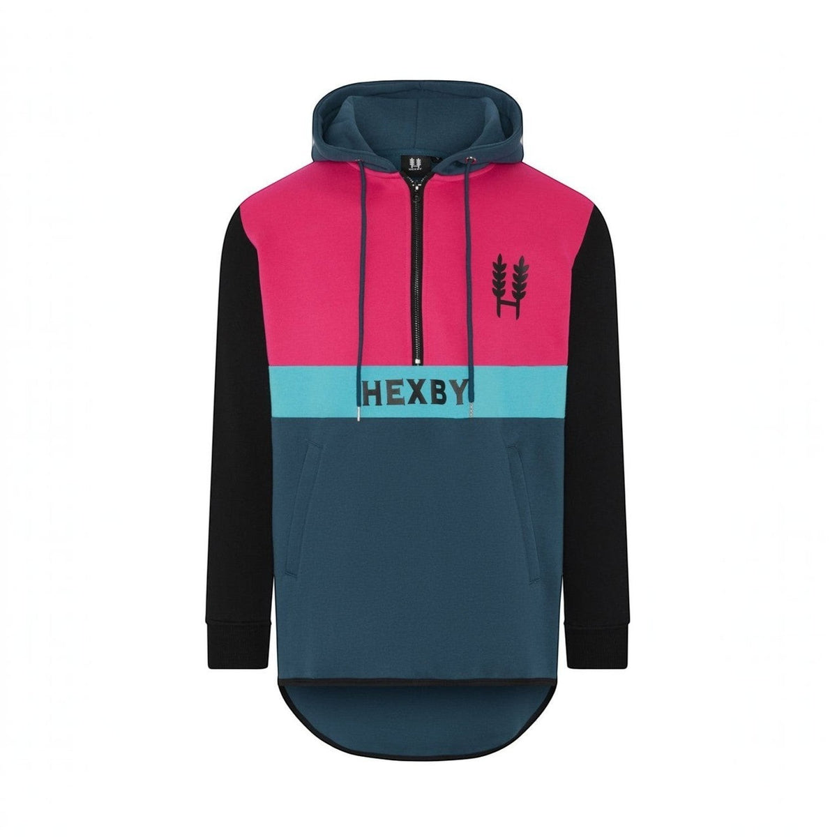 BATA LTD Hexby adult shearing hoodie featuring a pink, teal, and black color-block design with a long back hem.