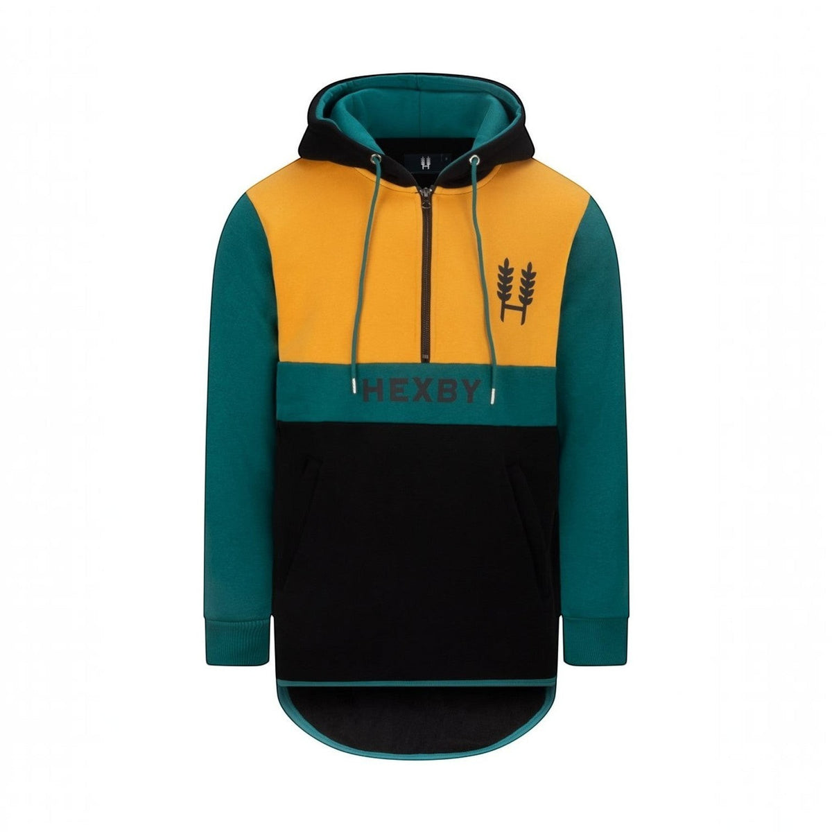 BATA LTD Hexby adult shearing hoodie in yellow, green, and black with a quarter-zip, hood, and long back hem.