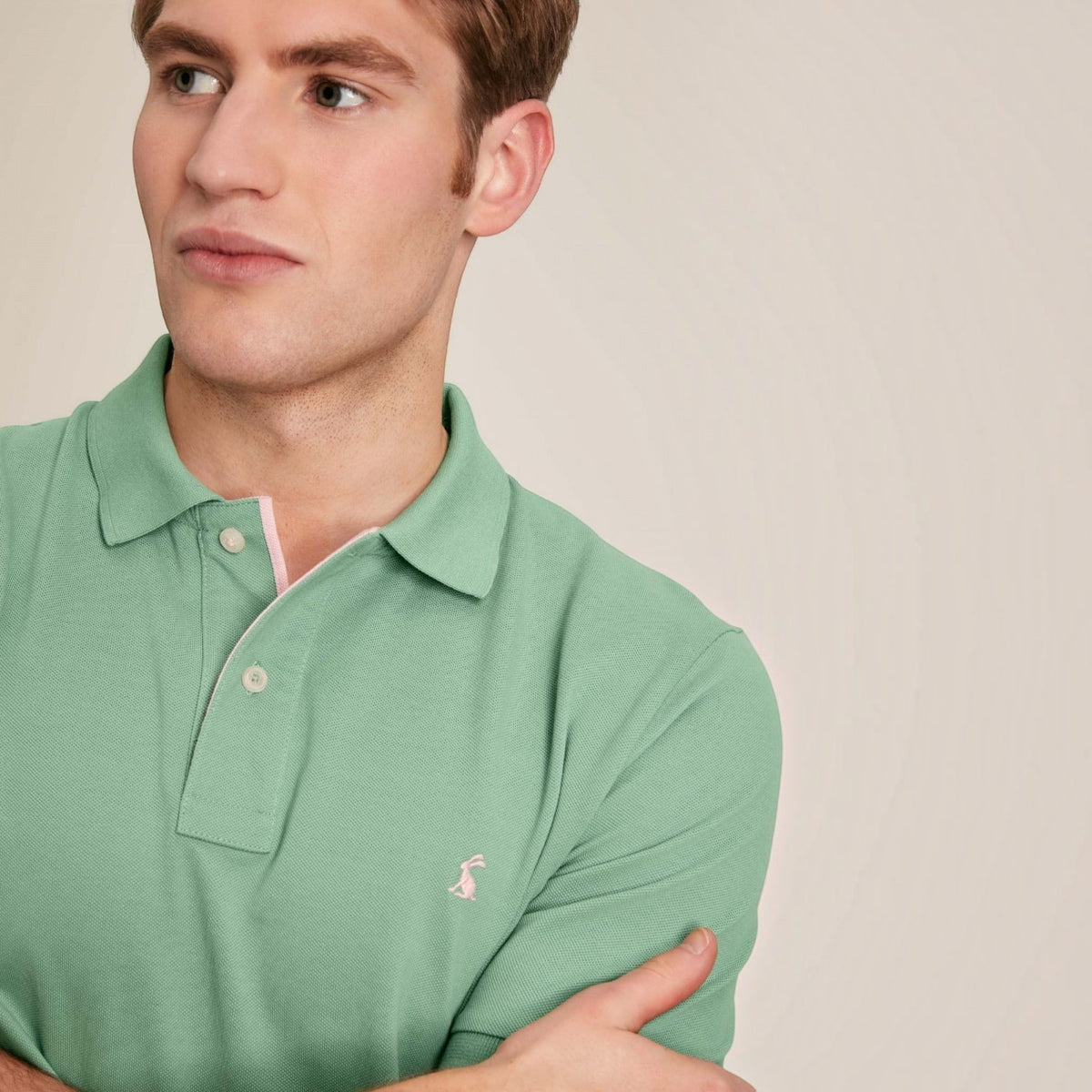 BATA LTD Joules Woody polo shirt in sage green cotton pique with embroidered hare logo and contrast undercollar