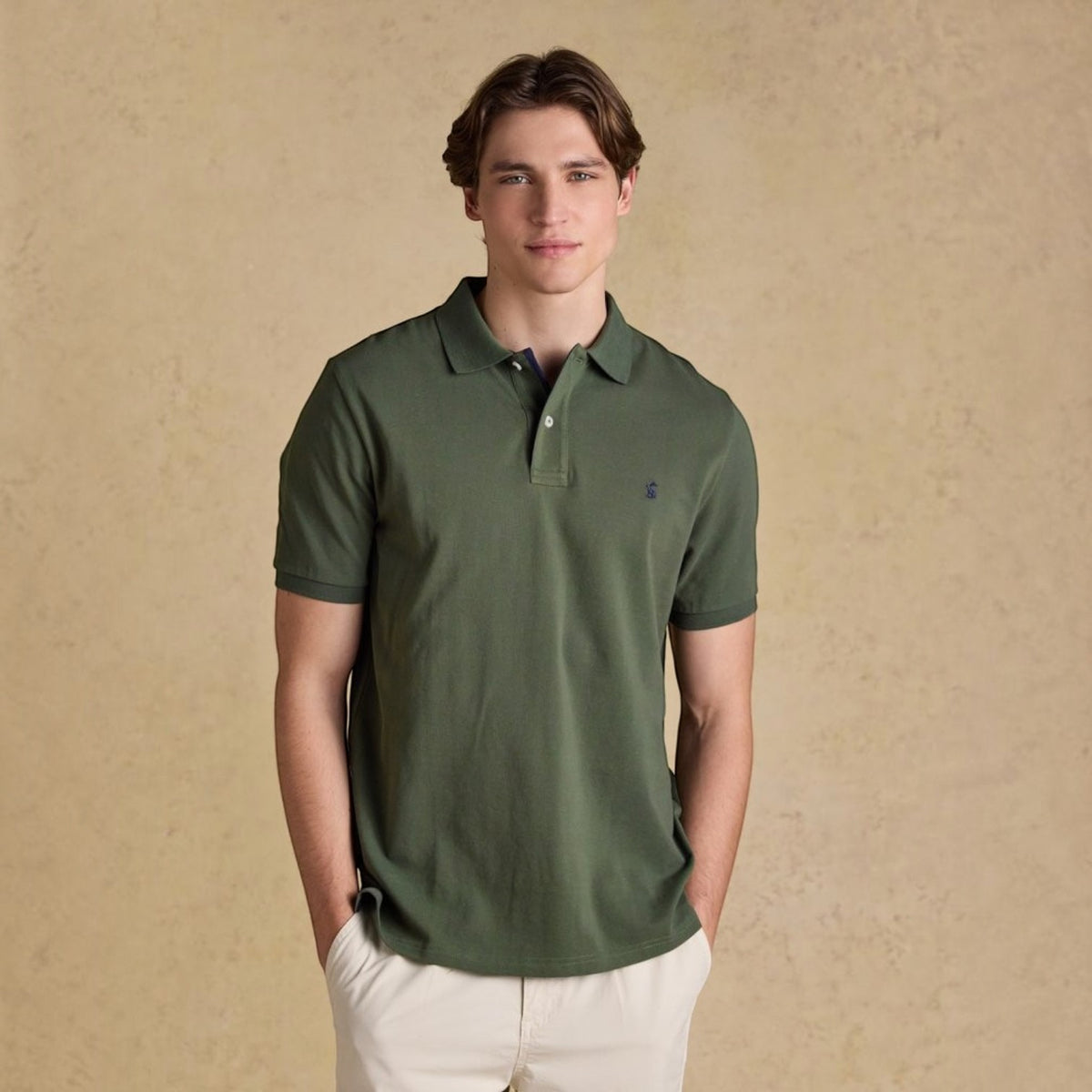 BATA LTD Joules Woody polo shirt in olive green cotton pique with embroidered hare logo and button placket