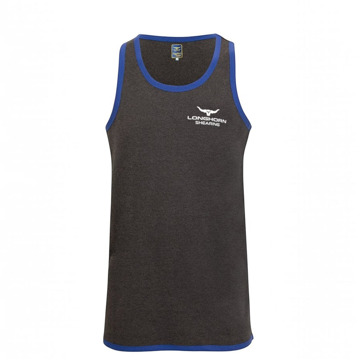BATA LTD Longhorn charcoal grey shearing singlet with blue contrast piping and long tail design