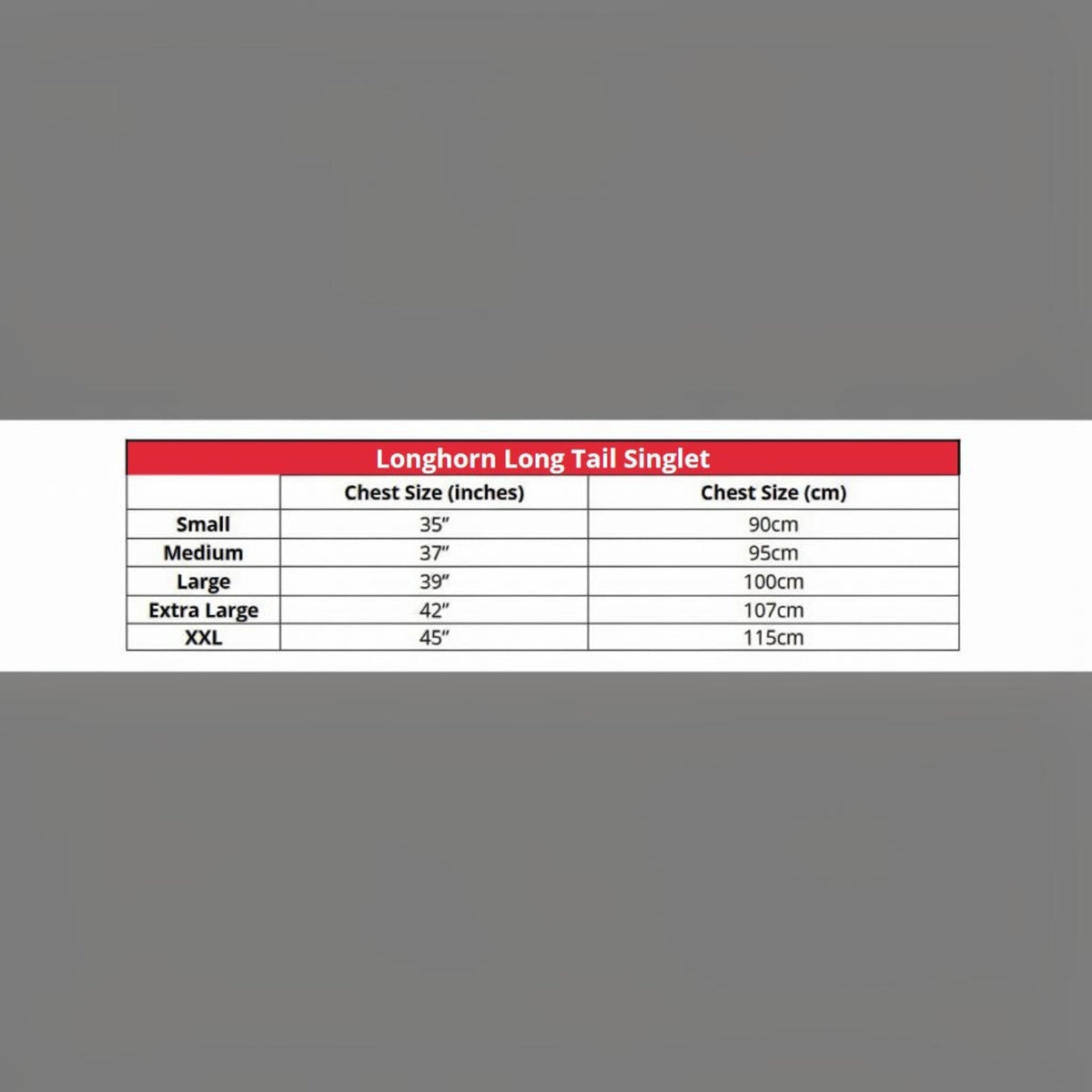 BATA LTD Longhorn Long Tail Shearing Singlet size chart showing chest measurements in inches and centimeters.