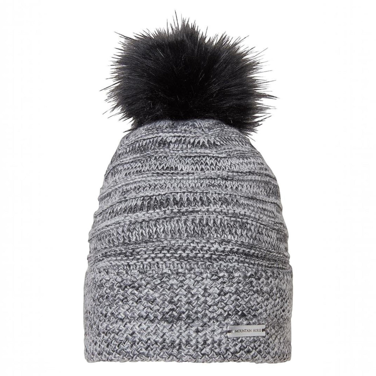BATA LTD Mountain Horse Silver Star grey knit hat with black faux fur pompom, lurex thread, and silver logo badge