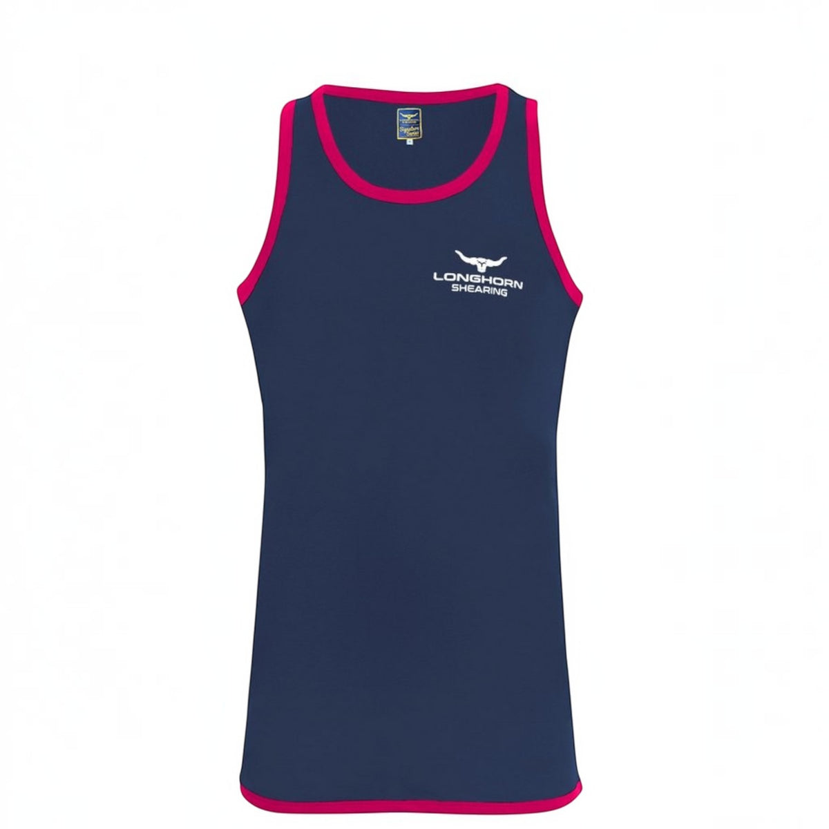 BATA LTD Longhorn navy blue shearing singlet with pink contrast piping and long tail design
