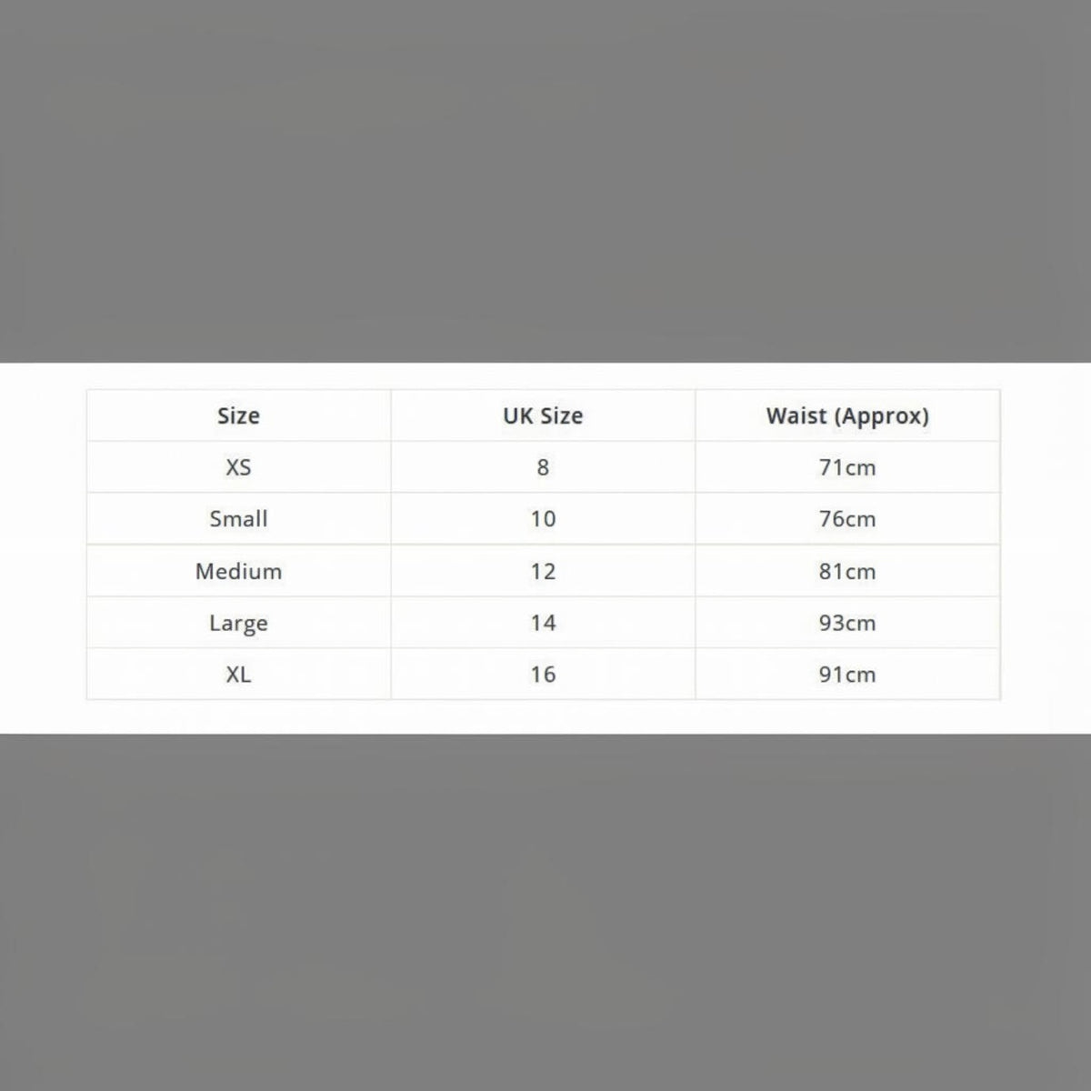 BATA LTD Ridgeline Infinity leggings size chart showing UK sizes and waist measurements in centimeters.