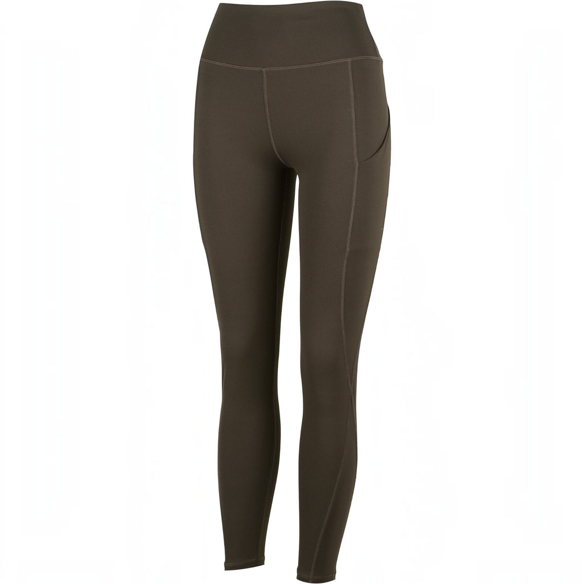 BATA LTD Ridgeline Infinity ladies leggings in dark olive with high waistband and side pockets for outdoor activities.