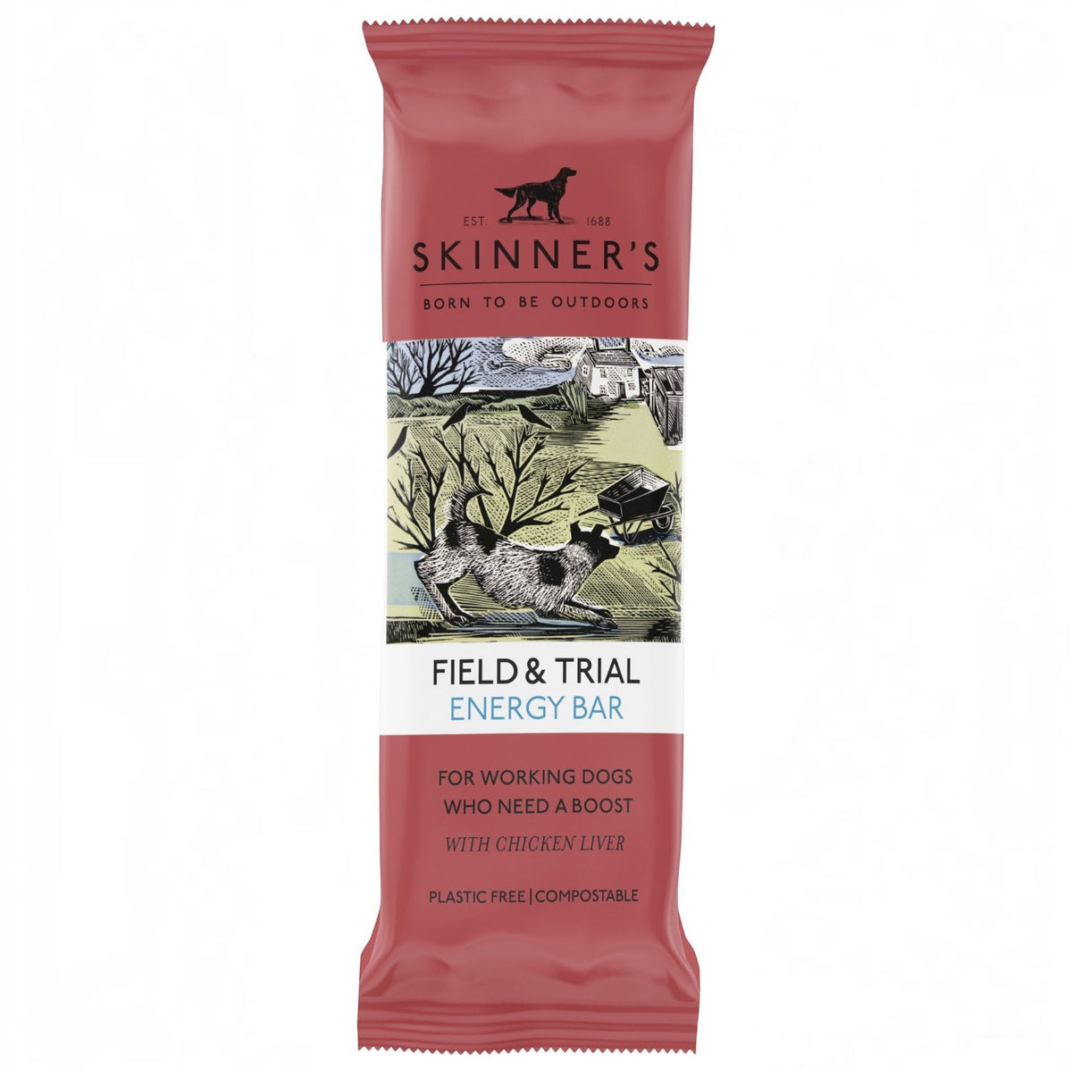 BATA LTD Skinners Field & Trial 35g energy bar for active dogs with chicken liver, honey, and carrot ingredients.