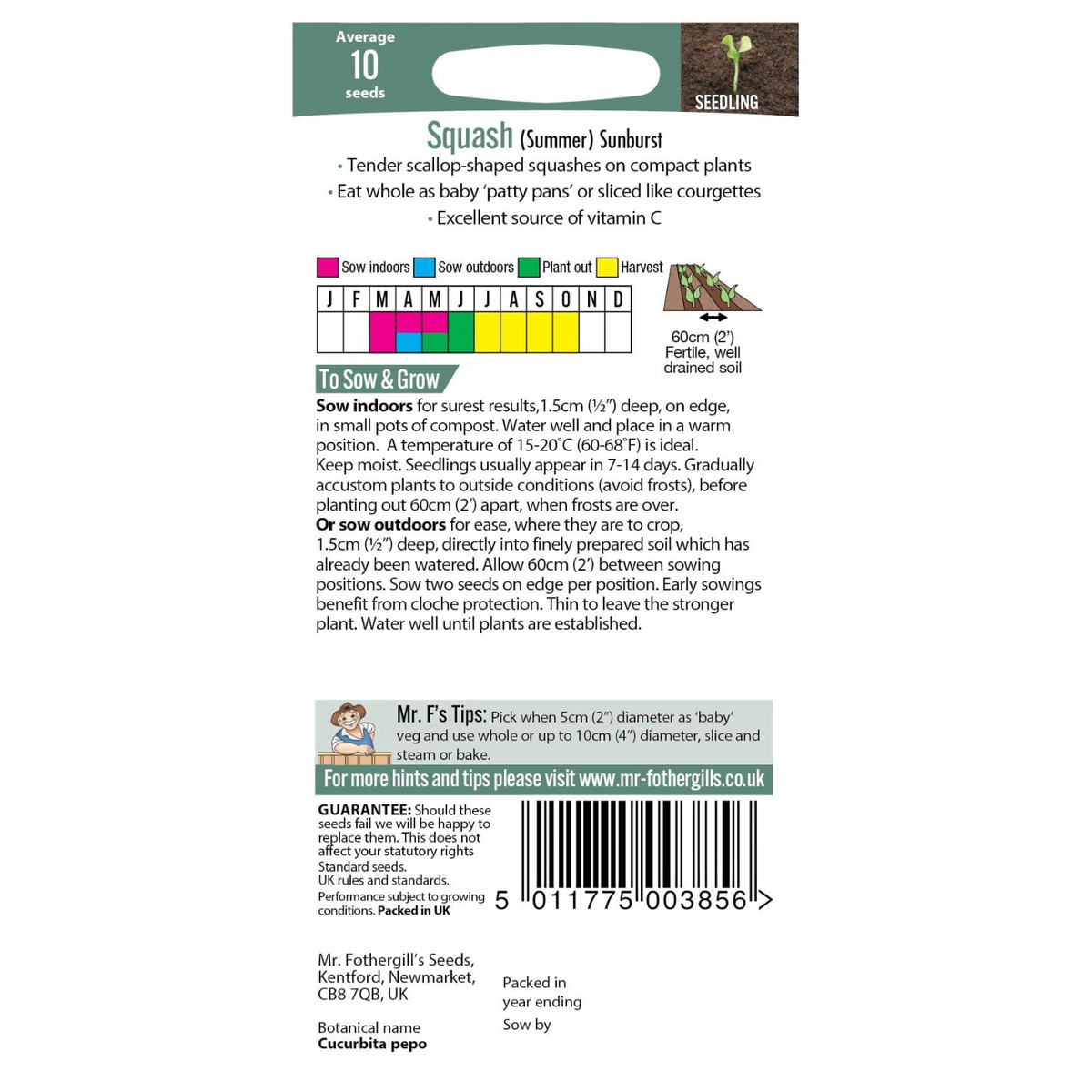 BATA LTD Fothergills Sunburst F1 summer squash seed packet with planting instructions and growth calendar
