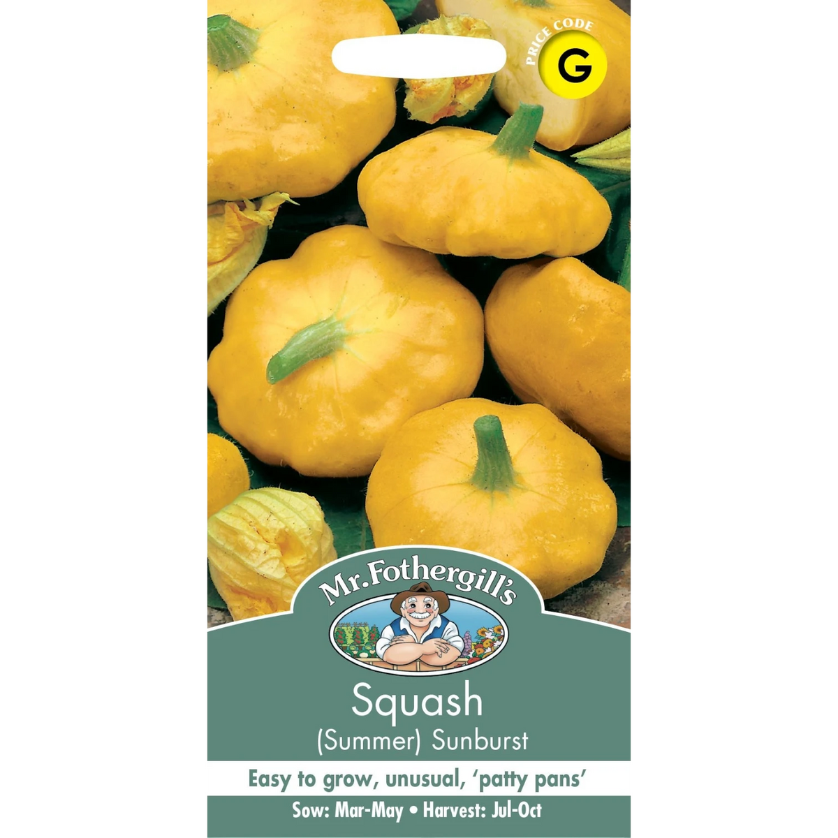 BATA LTD Fothergills Sunburst F1 summer squash seeds packet featuring bright yellow patty pan squash vegetables