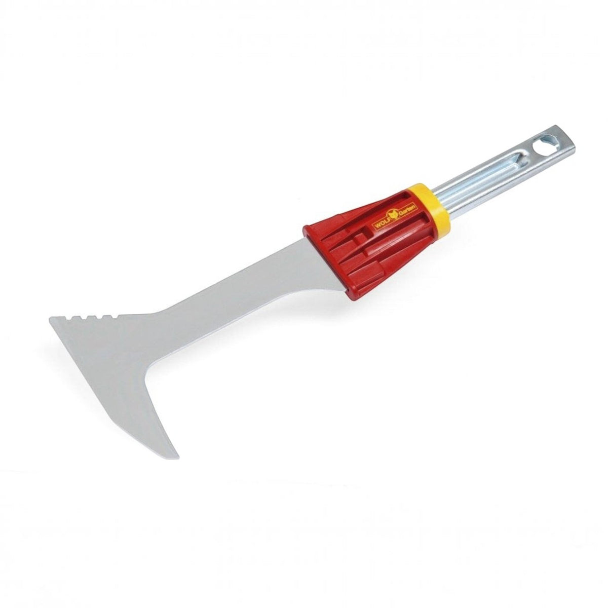 BATA LTD Wolf Multi Tool Garden Scraper with a hardened steel blade and red handle for removing weeds and moss.